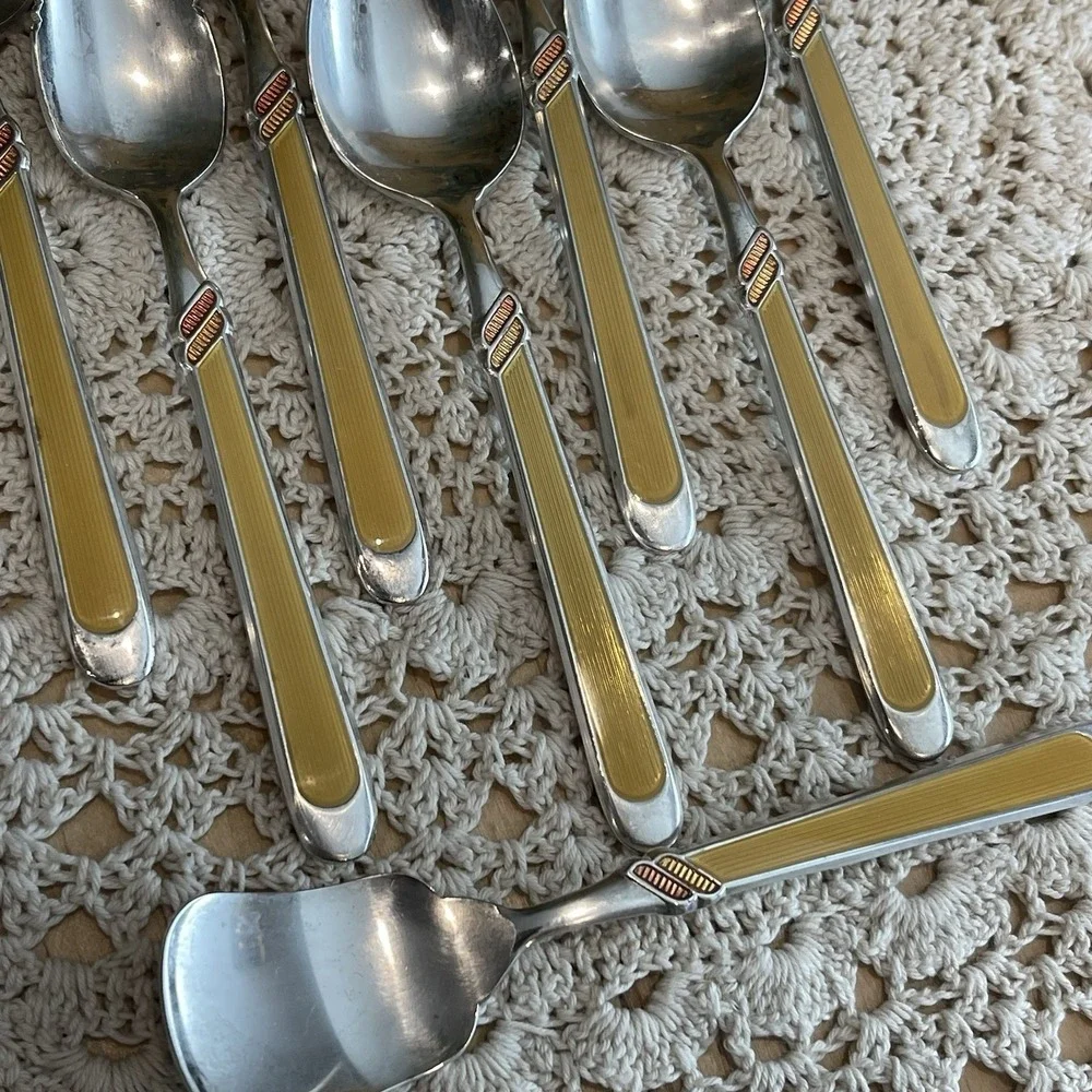 Vintage Mid Century Yellow Plastic Inlay Flatware Spoons Dessert Citrus Sporks